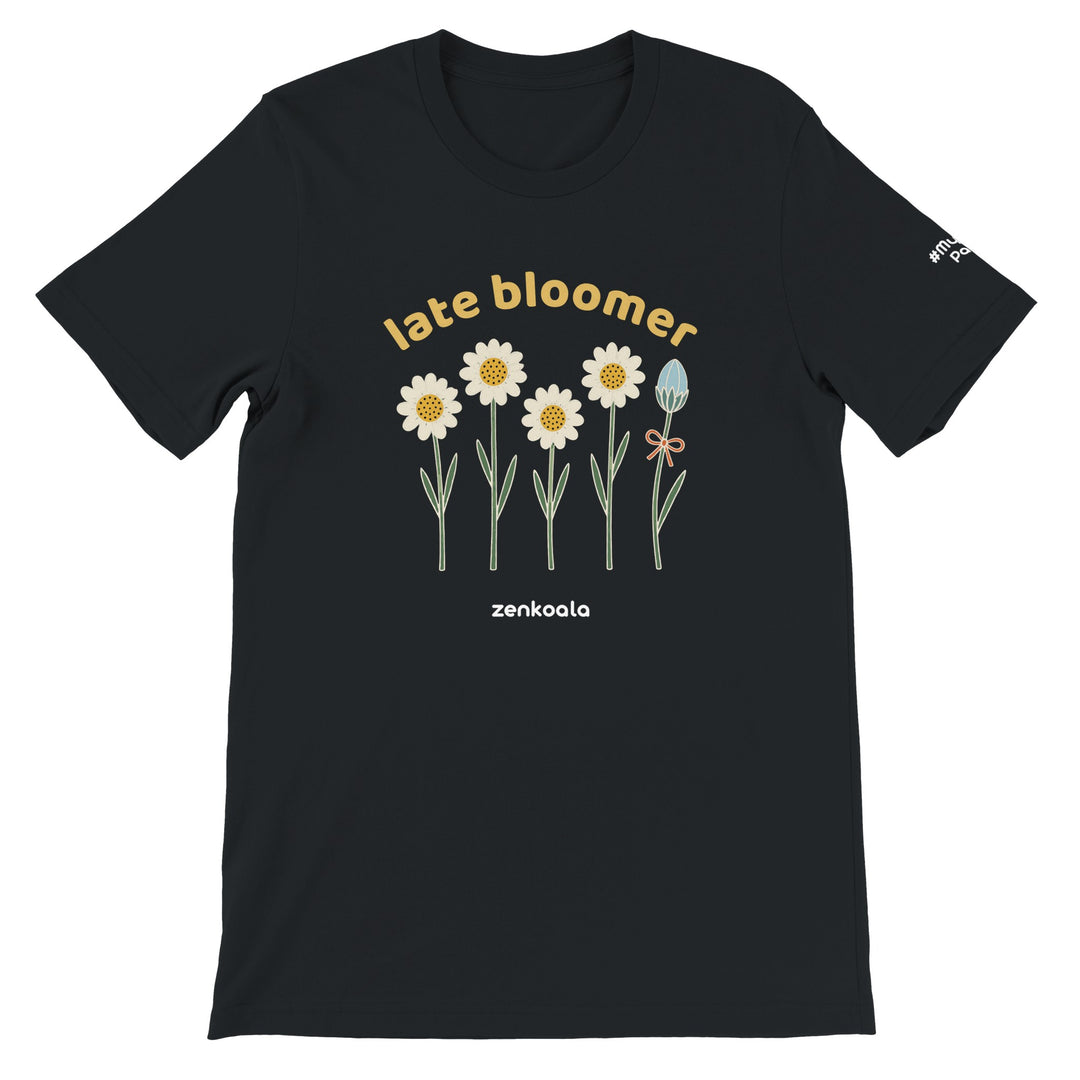 Late Bloomer feel-good tee in black, Zen Koala Australia