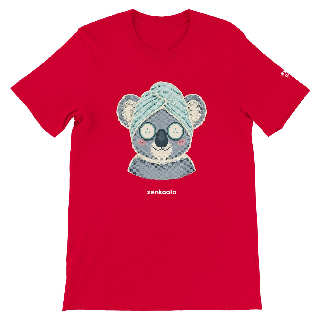 Koala Spa Day feel-good tee in red, Zen Koala Australia