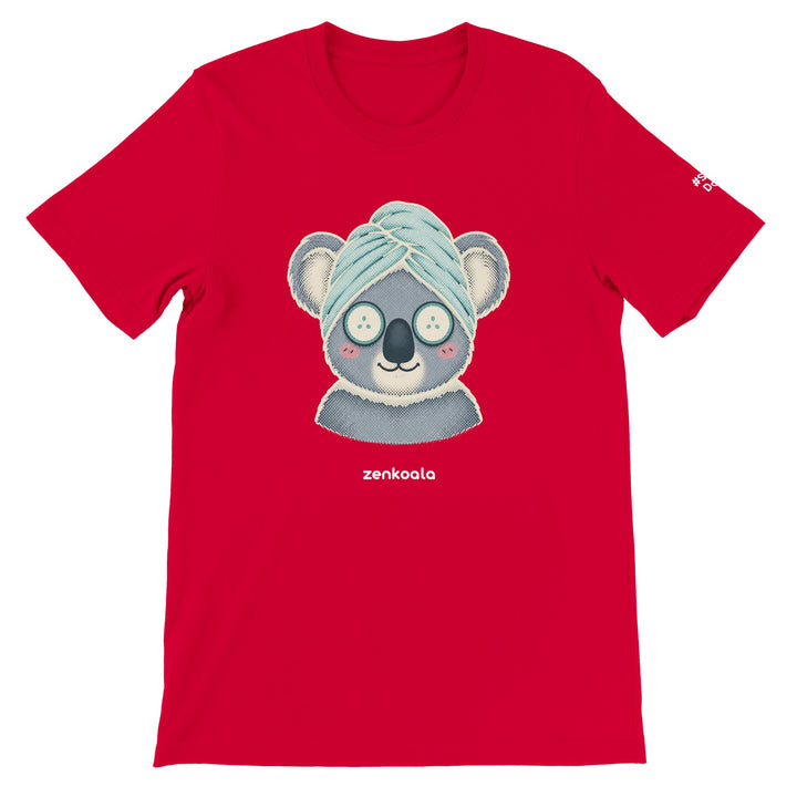 Koala Spa Day feel-good tee in red, Zen Koala Australia