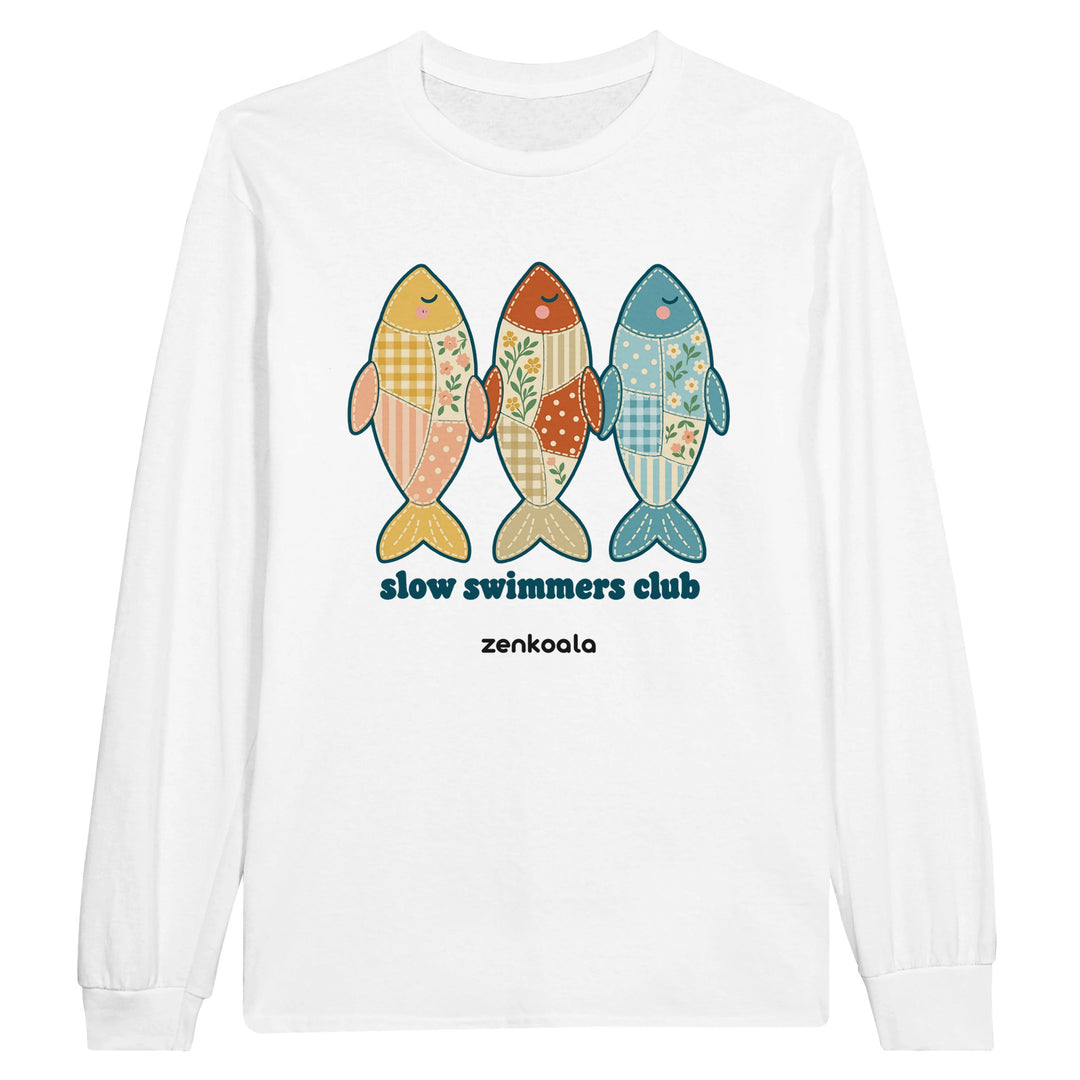 Slow Swimmers Club feel-good long sleeve tee in white, Zen Koala Australia