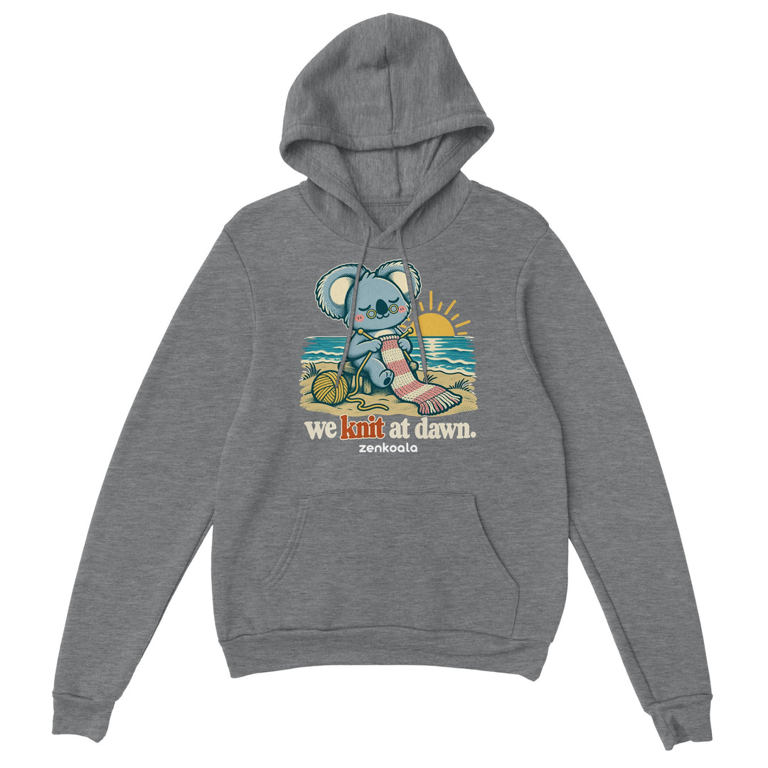We Knit at Dawn feel-good hoodie in sport grey, Zen Koala Australia