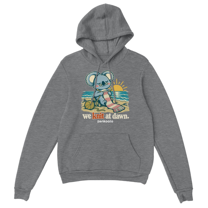 We Knit at Dawn feel-good hoodie in sport grey, Zen Koala Australia