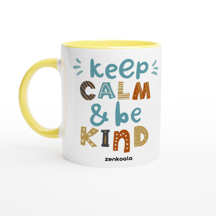 Keep Calm, Be Kind mug in yellow: white with a yellow rim, inside and handle, Zen Koala Australia