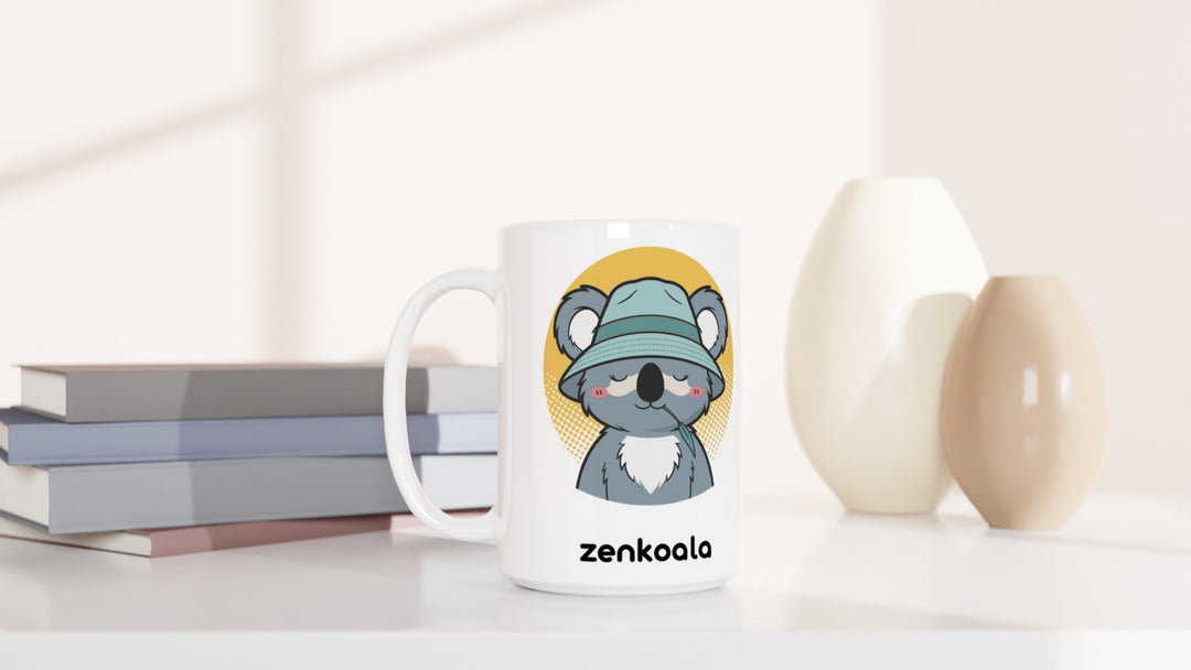 Koala Zinc and Bucket Hat 15oz mug beside books and vases, Zen Koala Australia