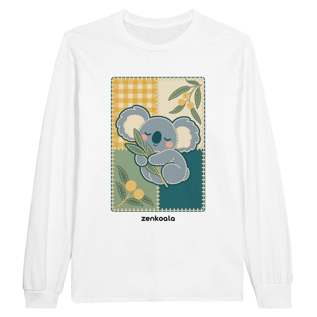Koala Quilt feel-good long sleeve tee in white, Zen Koala Australia