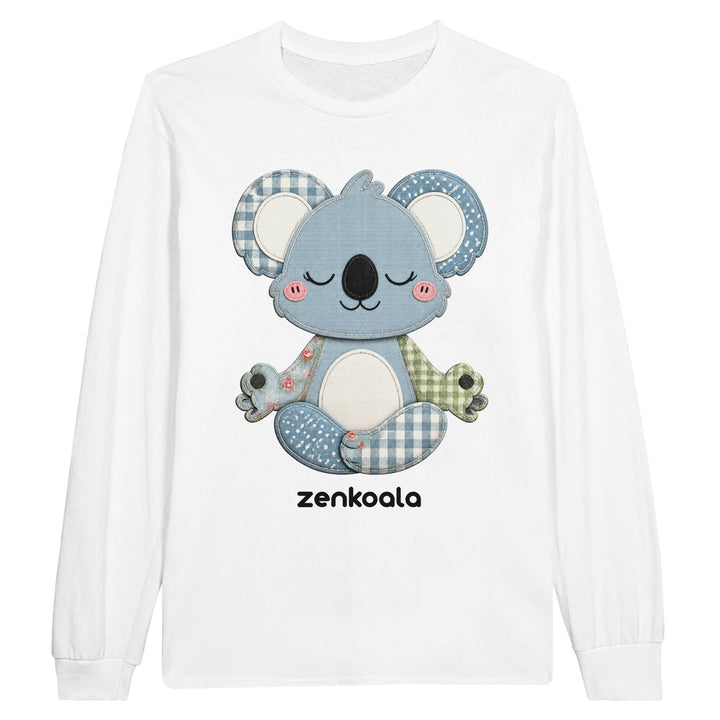 Faux Patchwork Meditating Koala long sleeve tee in white — a cosy patchwork-look koala in gingham, polka dots and florals, Zen Koala Australia