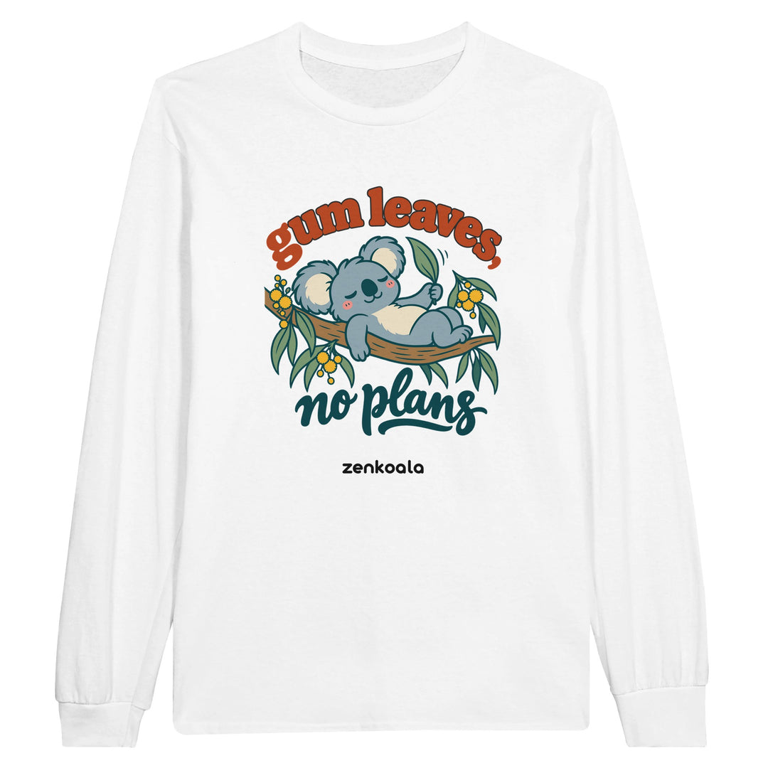 Gum Leaves No Plans feel-good long sleeve tee in white, Zen Koala Australia
