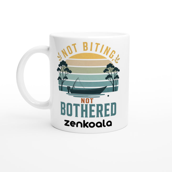 Not Biting Not Bothered feel-good mug — a tinnie on still water under a retro sunset, Zen Koala Australia