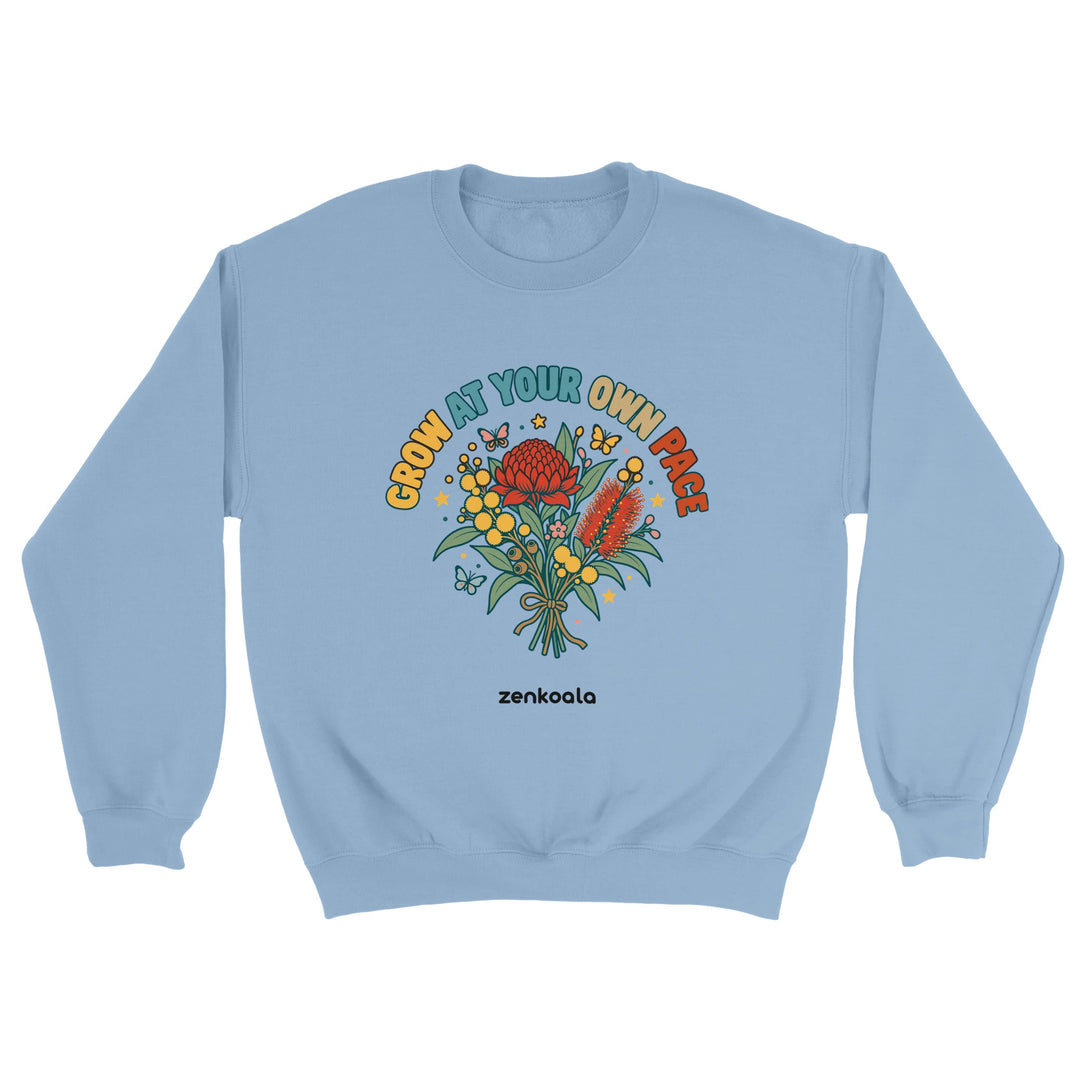 Grow at Your Own Pace feel-good sweatshirt in light blue, Zen Koala Australia