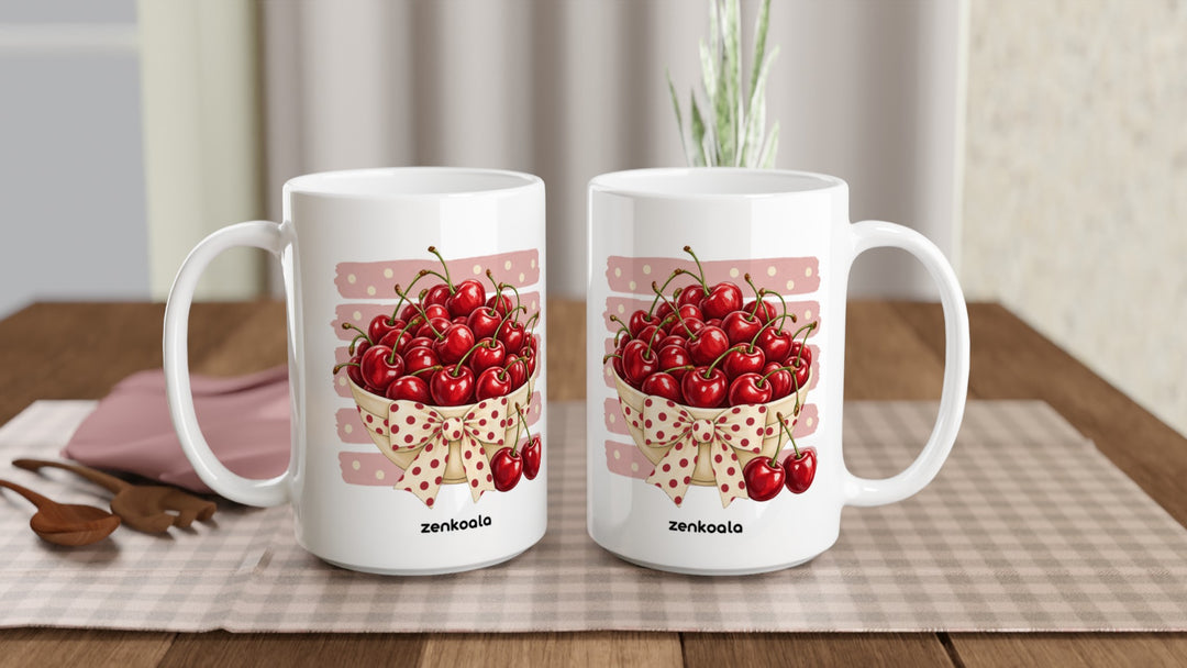 Two Cherries 15oz mugs on a table, showing both sides of the design, Zen Koala Australia