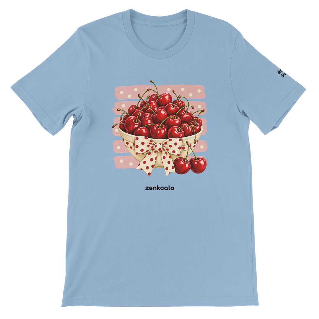 Cherries feel-good tee in light blue, Zen Koala Australia