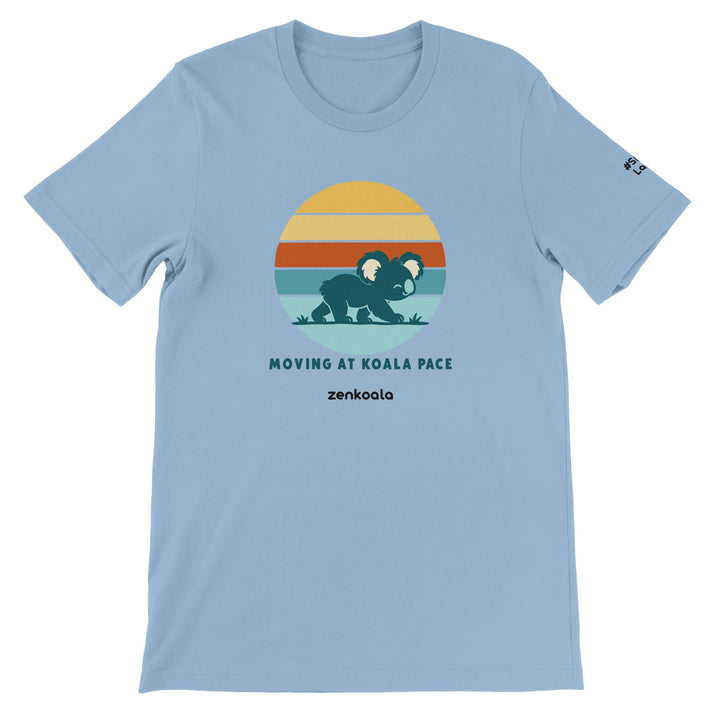 Moving at Koala Pace feel-good tee in light blue, Zen Koala Australia