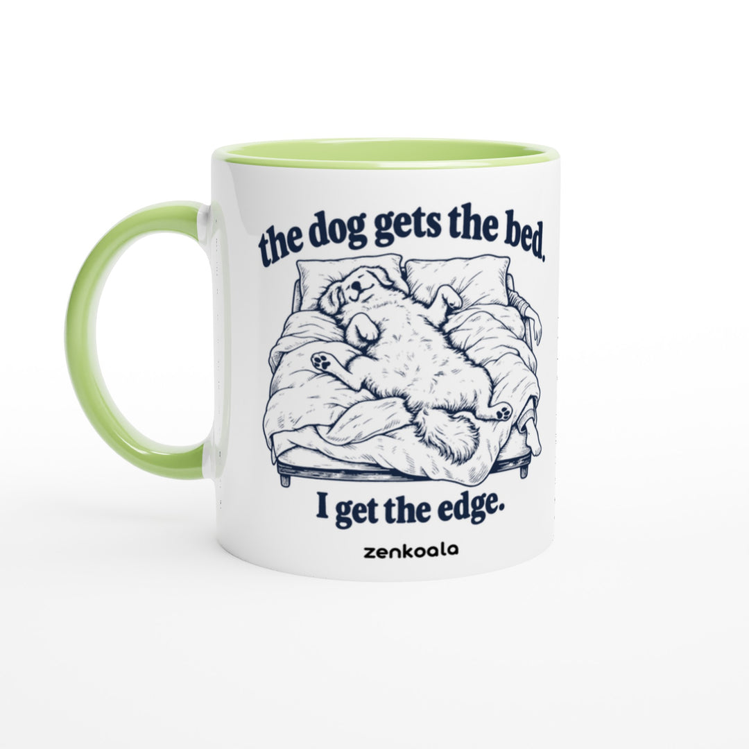 The Dog Gets the Bed mug in green: white with a green rim, inside and handle, Zen Koala Australia
