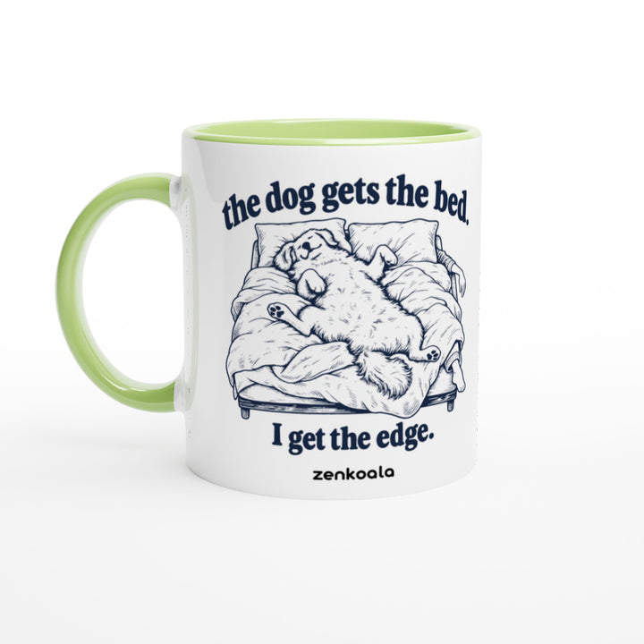 The Dog Gets the Bed mug in green: white with a green rim, inside and handle, Zen Koala Australia