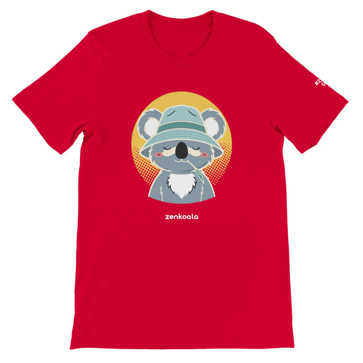 Koala Zinc and Bucket Hat feel-good tee in red: a koala in a bucket hat and zinc, Zen Koala Australia