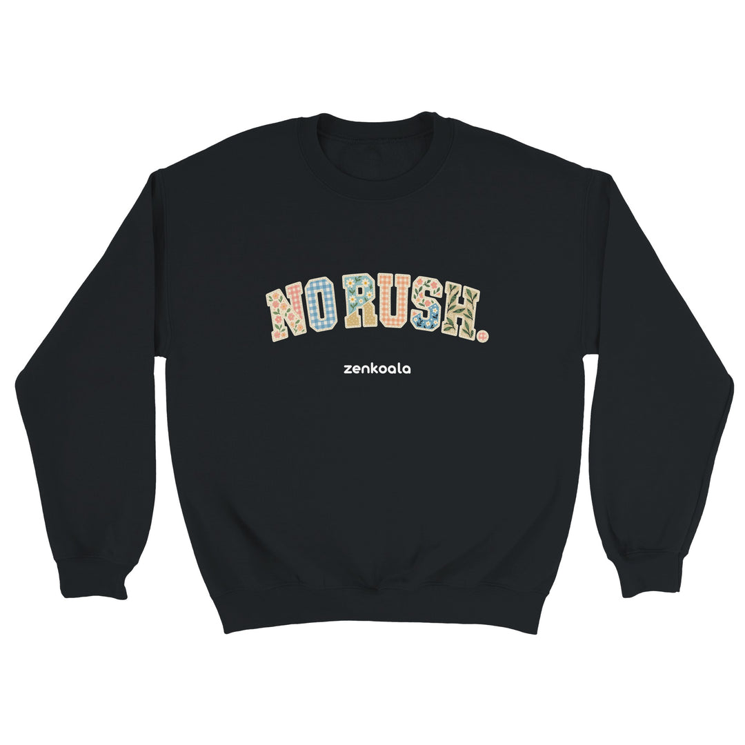 No Rush Faux Patchwork feel-good sweatshirt in black: soft faux patchwork letters with florals and gingham, Zen Koala Australia