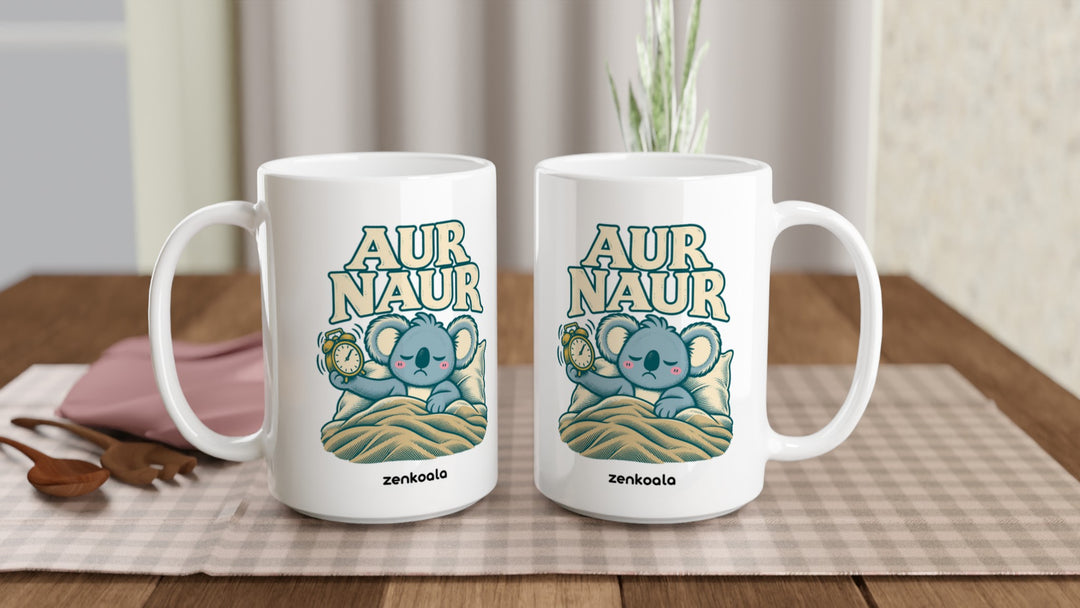 Two Aur Naur 15oz mugs on a table, showing both sides of the design, Zen Koala Australia