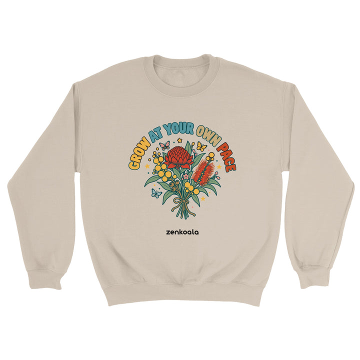 Grow at Your Own Pace feel-good sweatshirt in sand, Zen Koala Australia