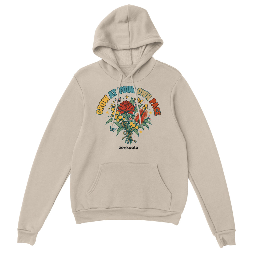Grow at Your Own Pace feel-good hoodie in sand, Zen Koala Australia