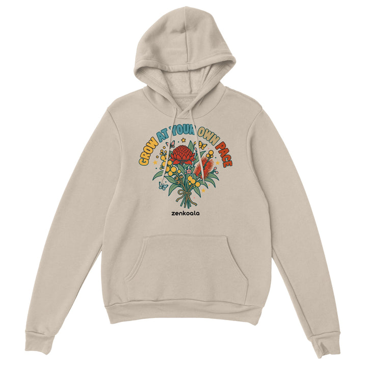 Grow at Your Own Pace feel-good hoodie in sand, Zen Koala Australia
