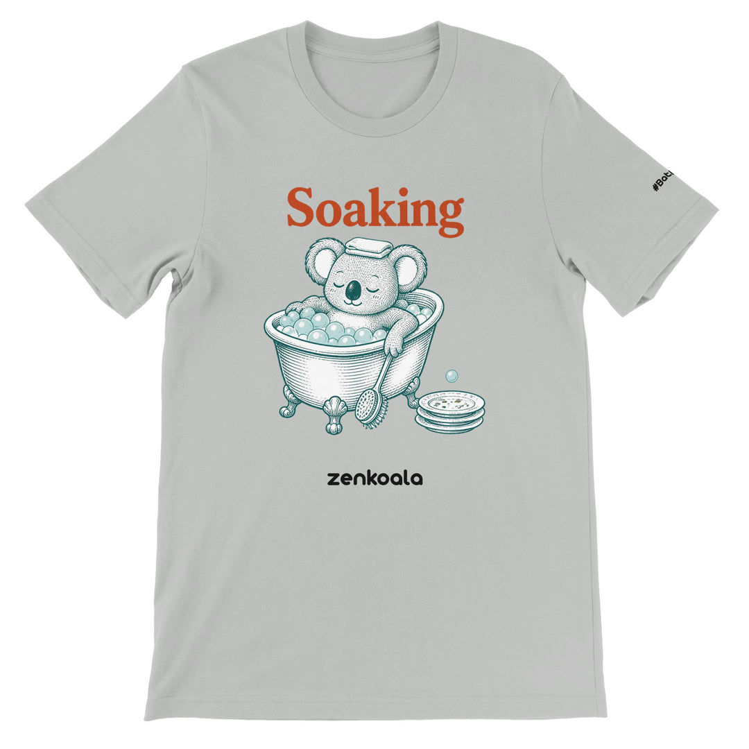 Soaking Koala Bath feel-good tee in silver — Zen Koala Australia