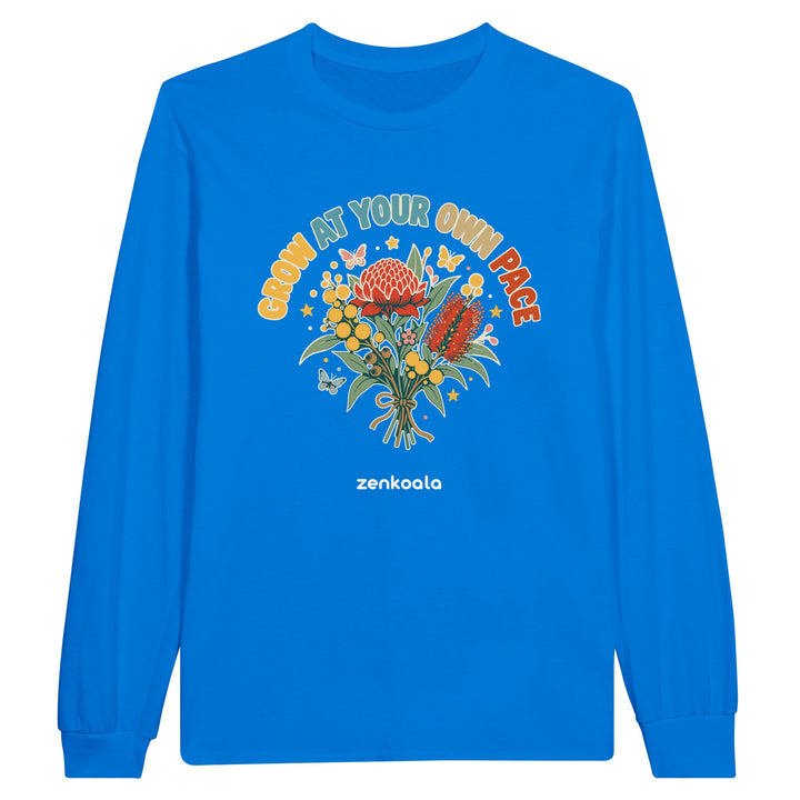 Grow at Your Own Pace feel-good long sleeve tee in royal, Zen Koala Australia