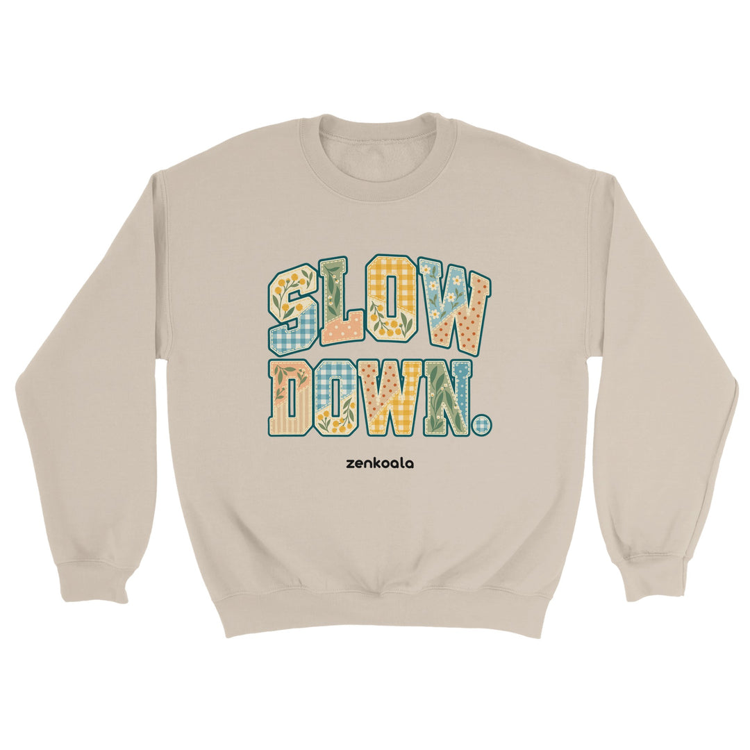 Slow Down Faux Patchwork feel-good sweatshirt in sand, Zen Koala Australia