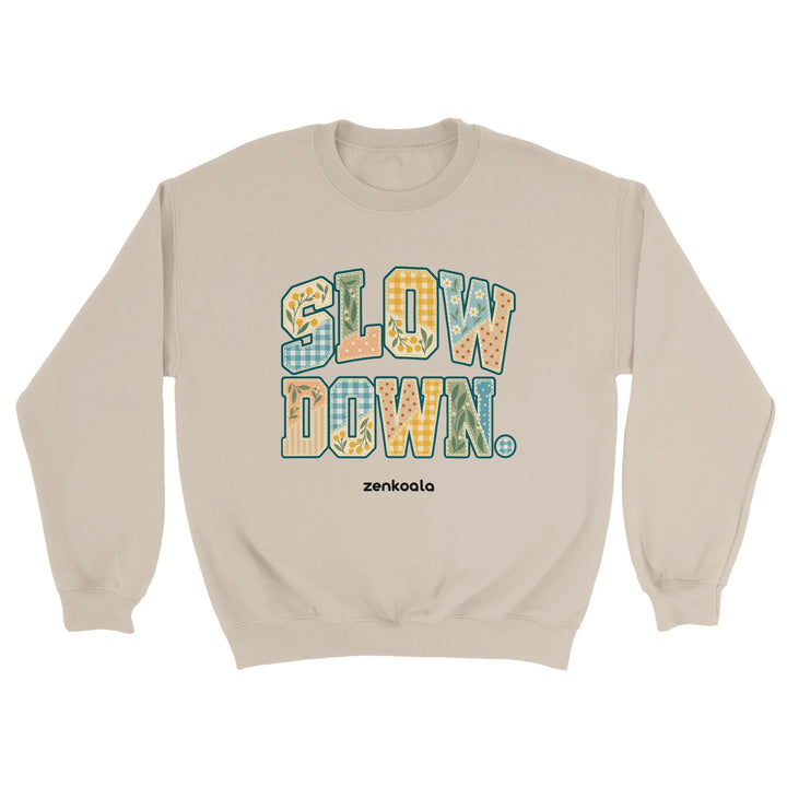 Slow Down Faux Patchwork feel-good sweatshirt in sand, Zen Koala Australia