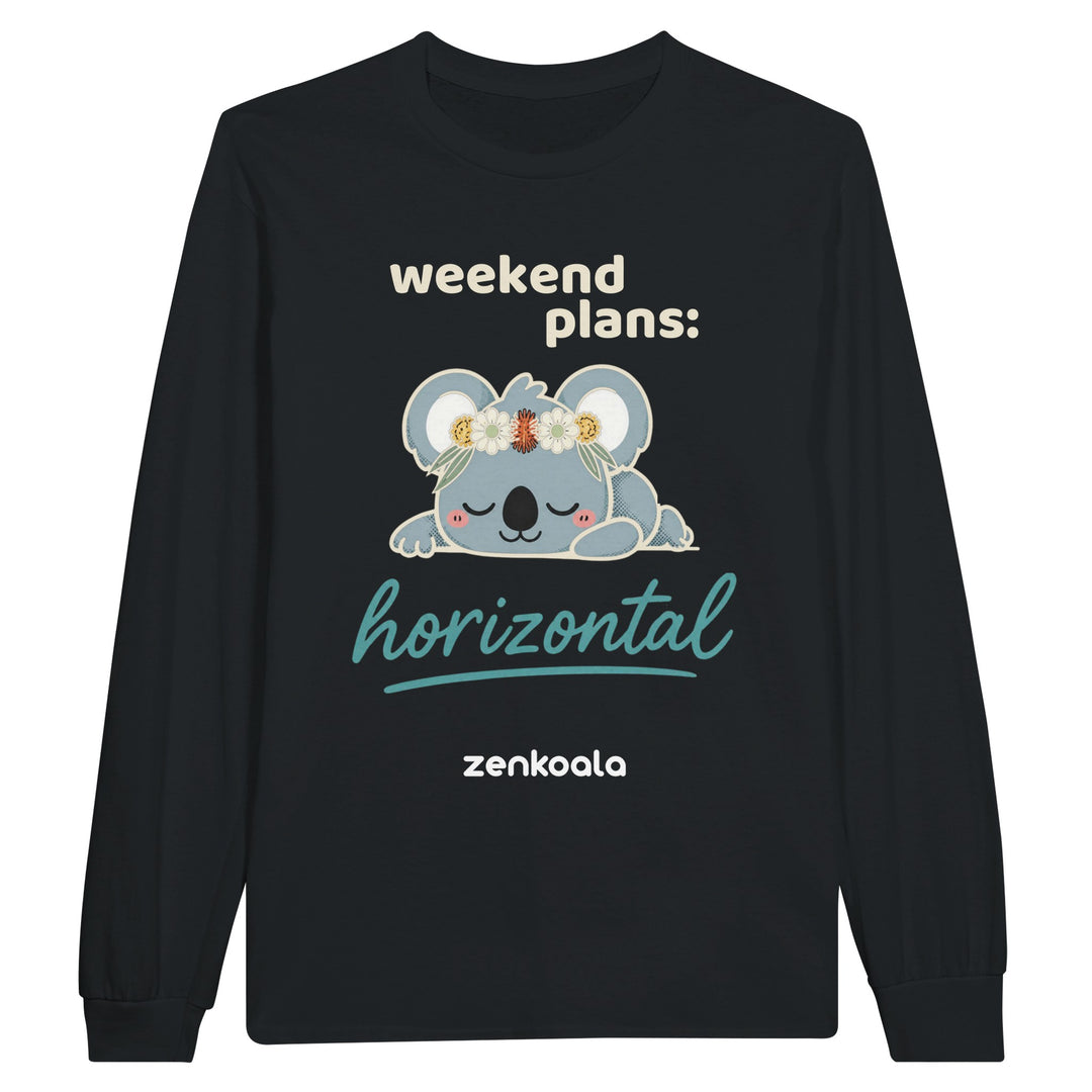 Weekend Plans Horizontal long sleeve tee in black — a sleepy koala in an Aussie wildflower crown, Zen Koala Australia