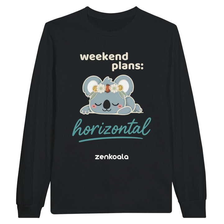 Weekend Plans Horizontal long sleeve tee in black — a sleepy koala in an Aussie wildflower crown, Zen Koala Australia