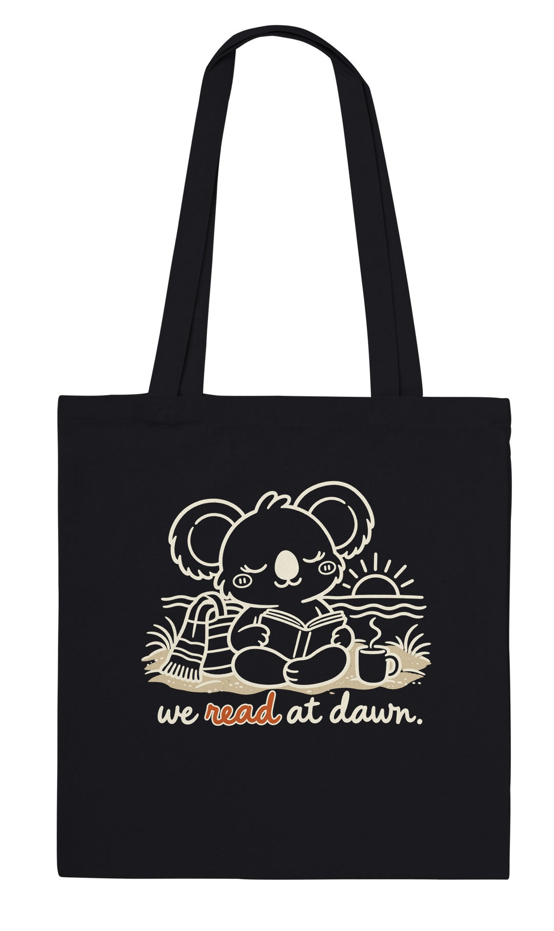 We Read at Dawn feel-good tote bag in black, Zen Koala Australia
