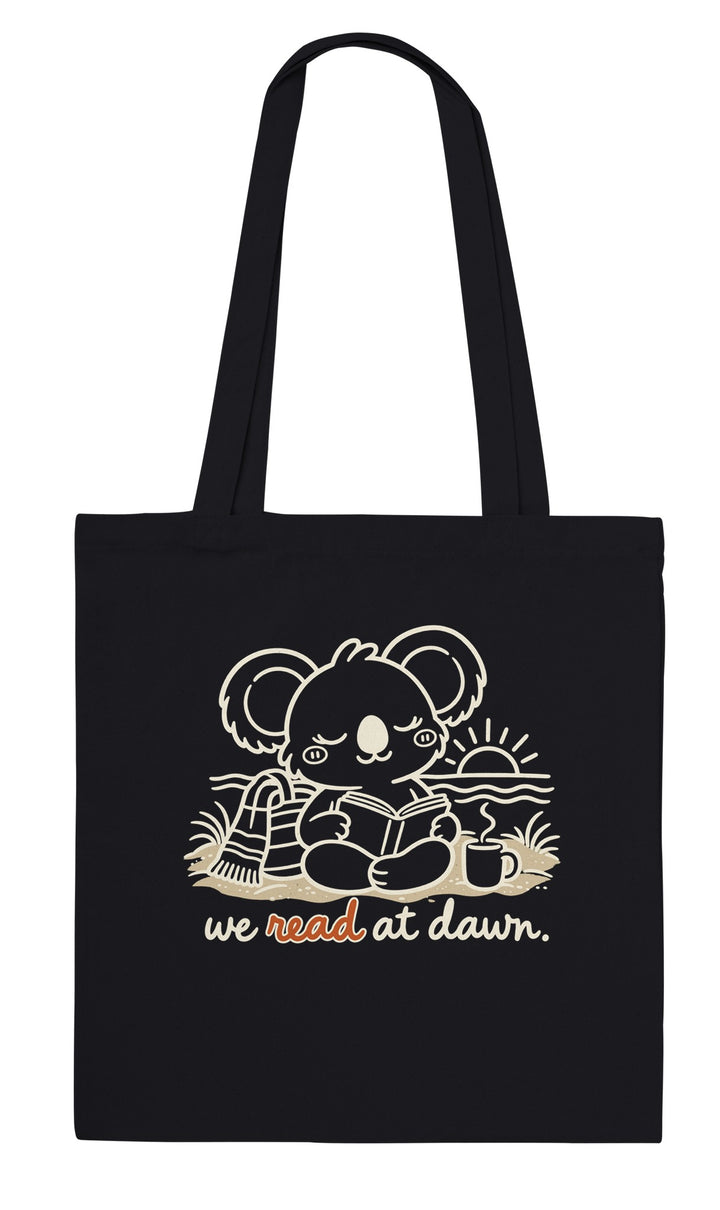 We Read at Dawn feel-good tote bag in black, Zen Koala Australia