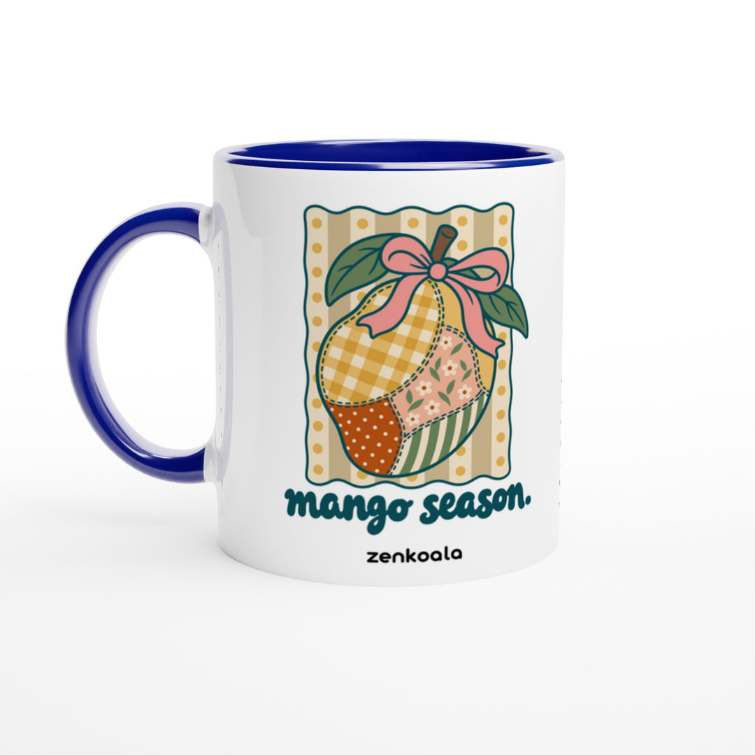 Mango Season mug in blue: white with a blue rim, inside and handle, Zen Koala Australia