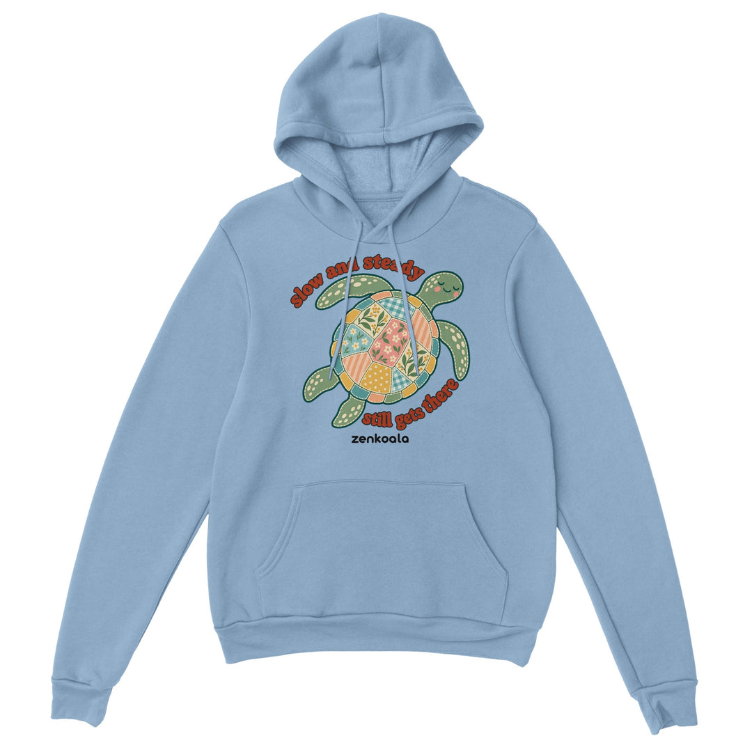 Slow and Steady Turtle feel-good hoodie in light blue, Zen Koala Australia