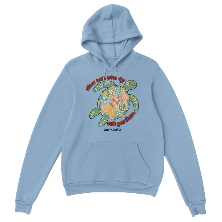 Slow and Steady Turtle feel-good hoodie in light blue, Zen Koala Australia
