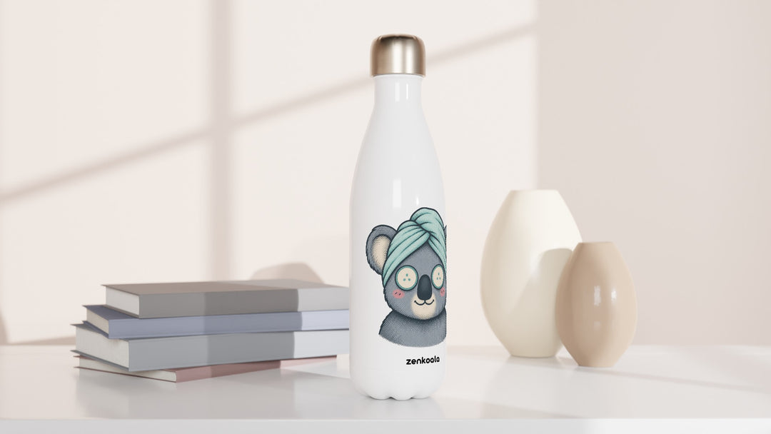Koala Spa Day water bottle beside books and vases, Zen Koala Australia