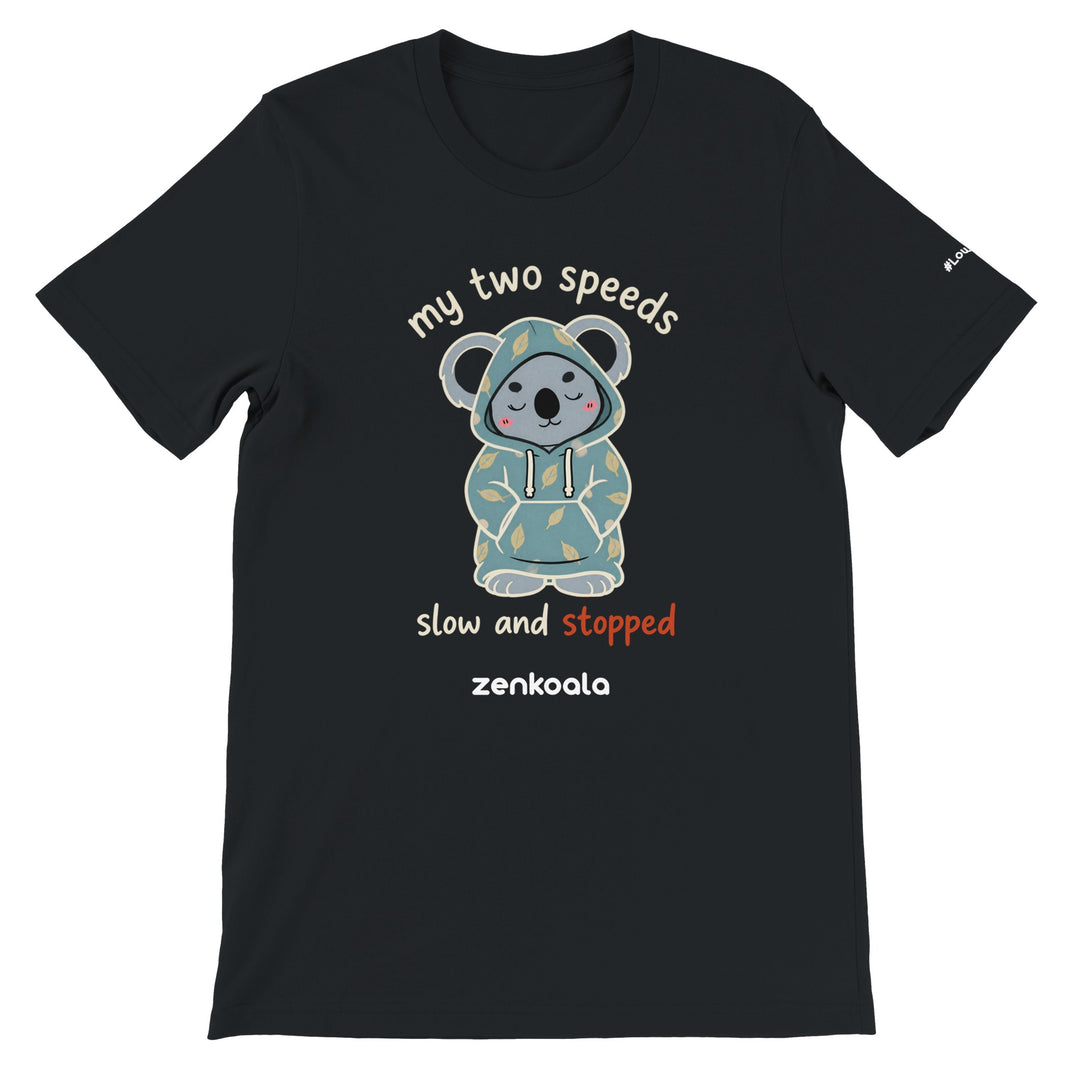 My Two Speeds Slow and Stopped feel-good tee in black — a sleepy koala in a cosy leaf-print hoodie, Zen Koala Australia