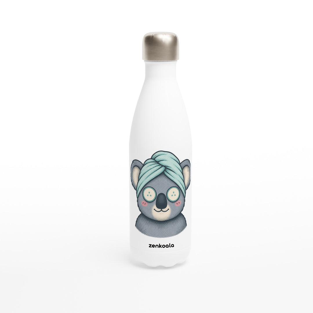 Koala Spa Day feel-good water bottle: a koala in a towel turban with cucumber eyes, Zen Koala Australia