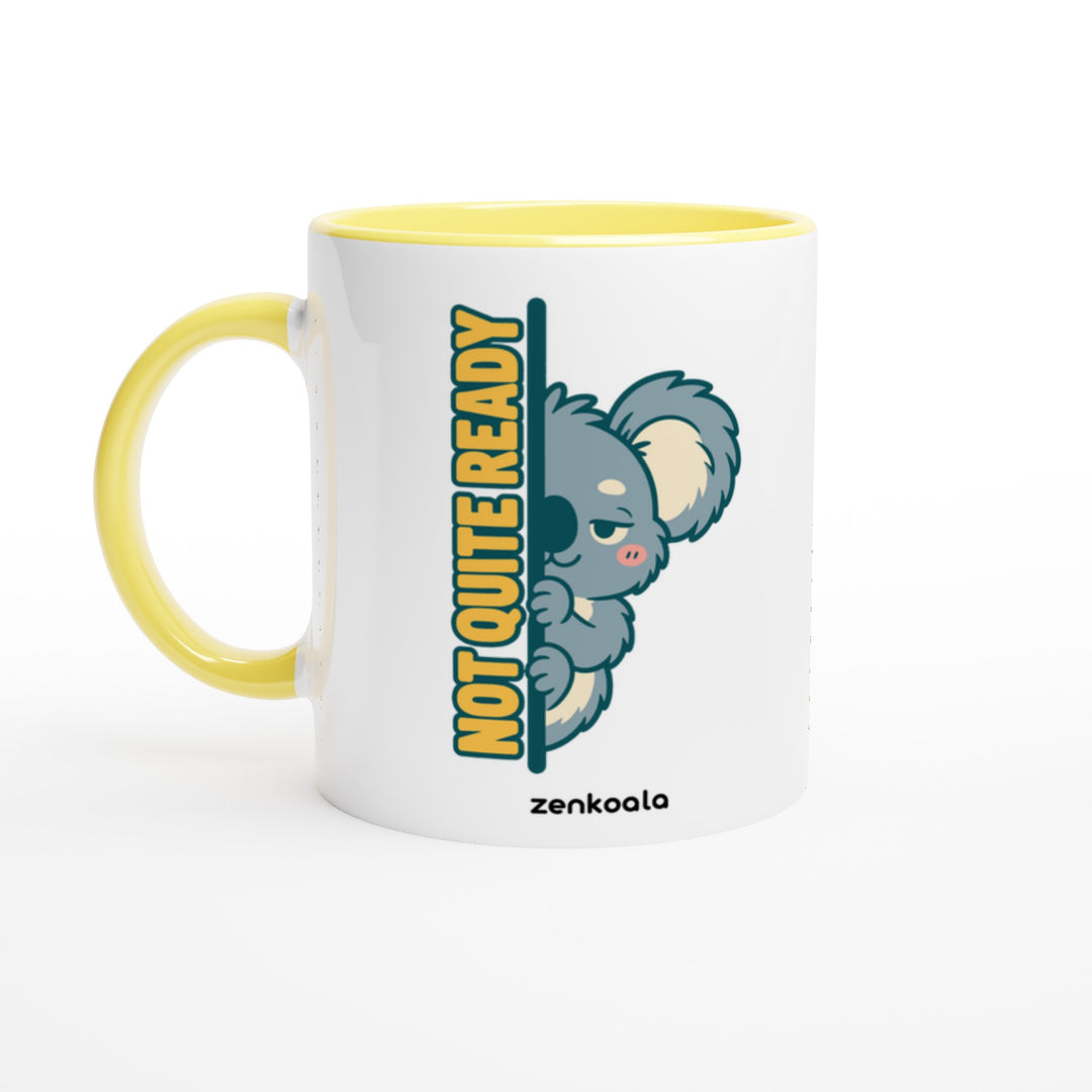 Not Quite Ready feel-good mug in yellow: a sleepy koala peeking round a doorway, Zen Koala Australia
