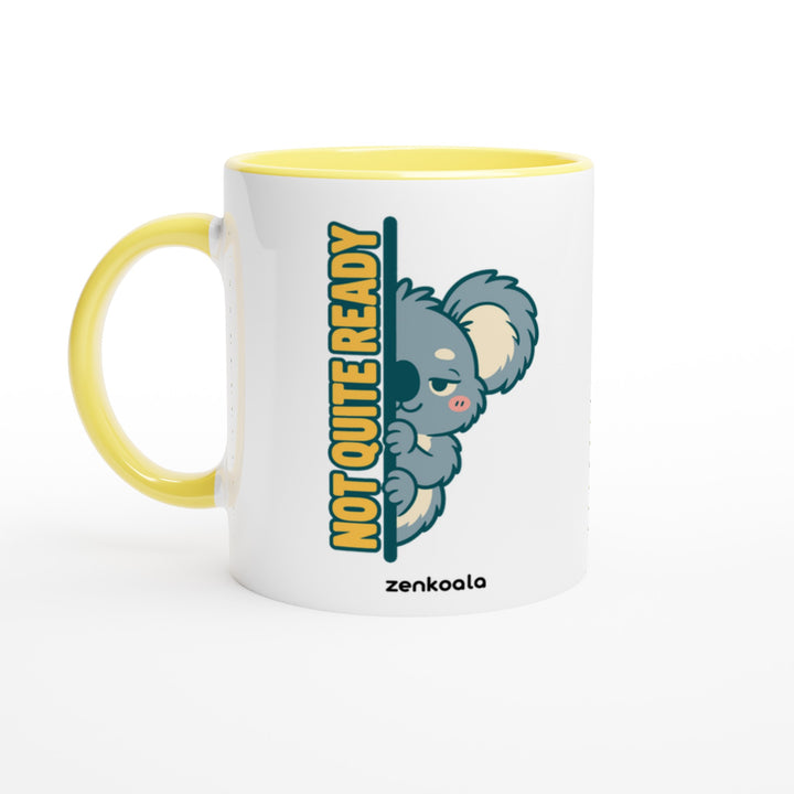 Not Quite Ready feel-good mug in yellow: a sleepy koala peeking round a doorway, Zen Koala Australia