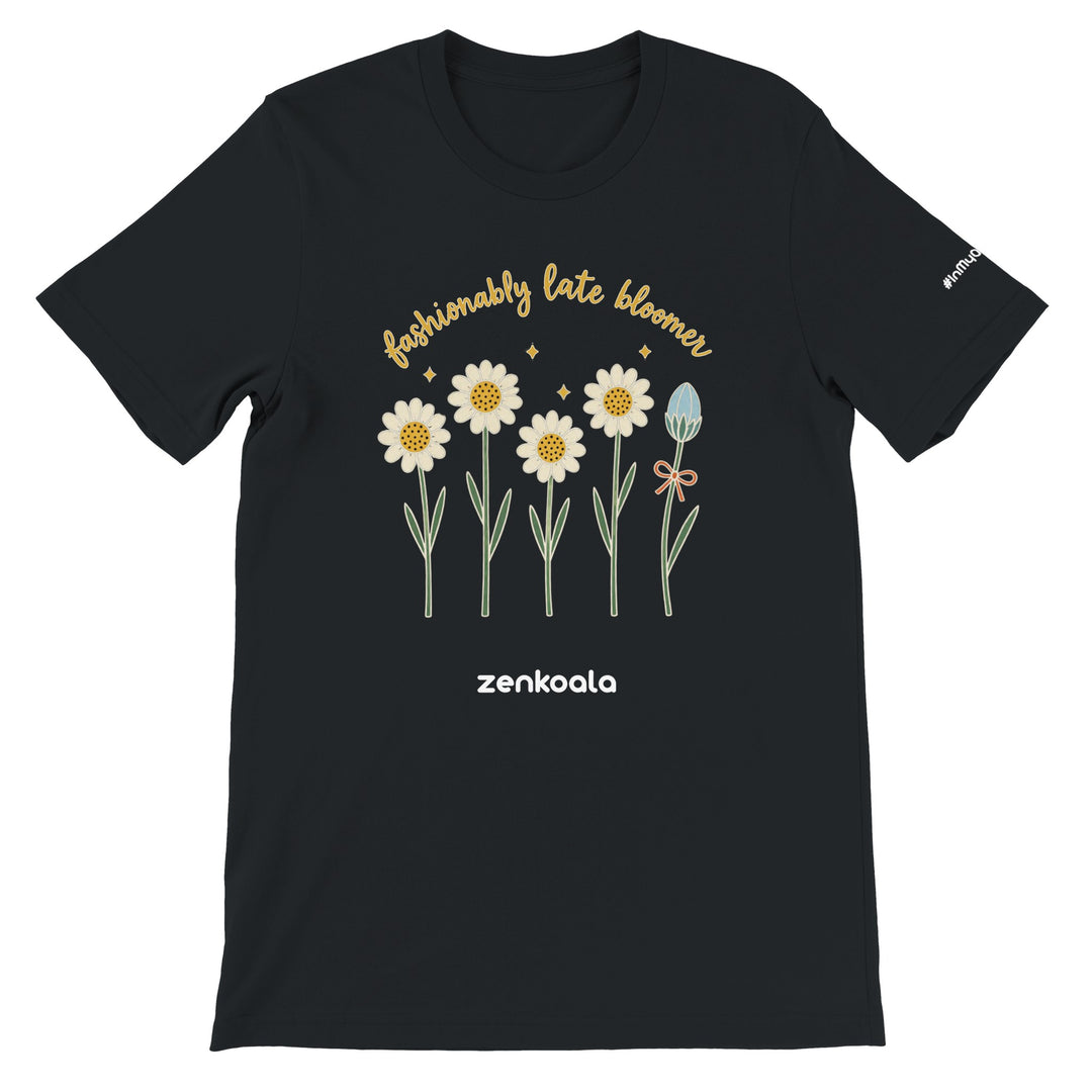 Fashionably Late Bloomer feel-good tee in black — retro daisies and one bud taking its time, Zen Koala Australia