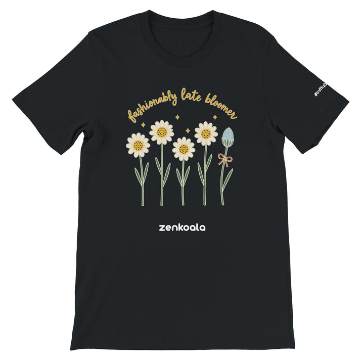 Fashionably Late Bloomer feel-good tee in black — retro daisies and one bud taking its time, Zen Koala Australia