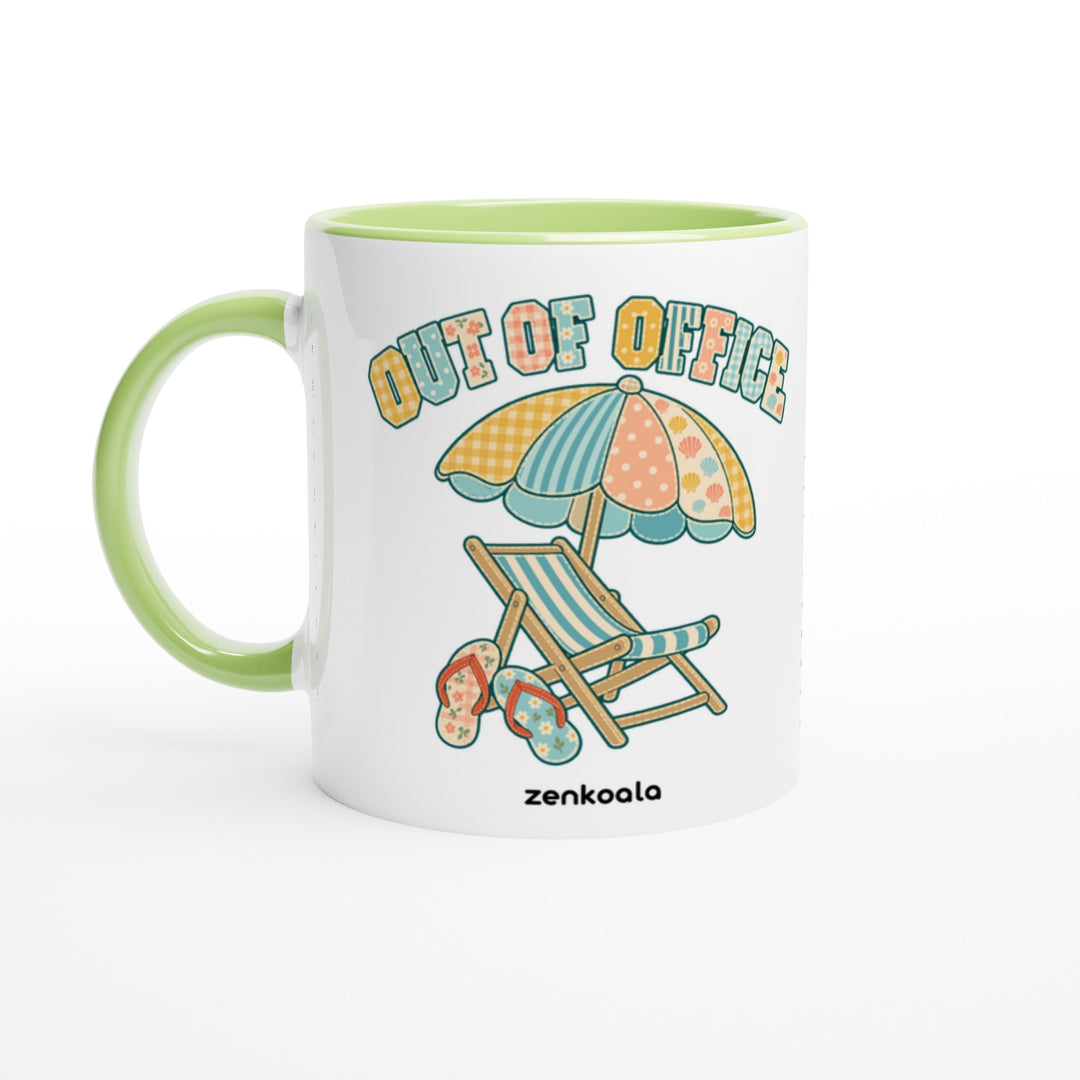 Out of Office Beach mug in green: white with a green rim, inside and handle, Zen Koala Australia