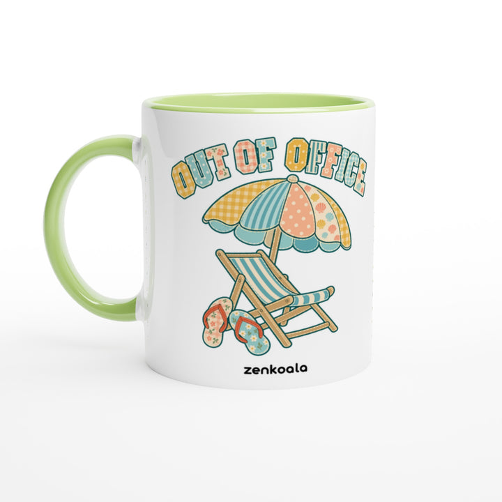 Out of Office Beach mug in green: white with a green rim, inside and handle, Zen Koala Australia