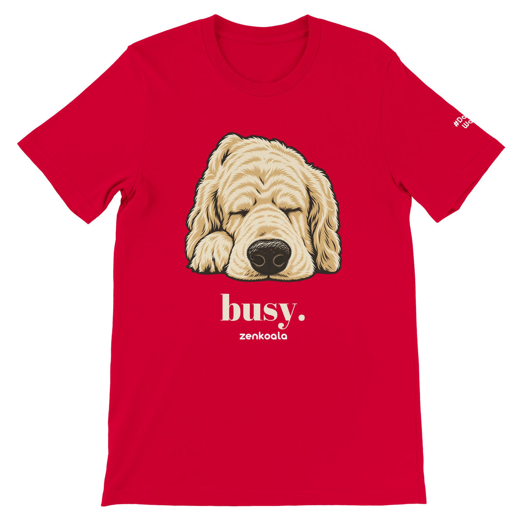 Busy feel-good tee in red: a dog fast asleep, Zen Koala Australia