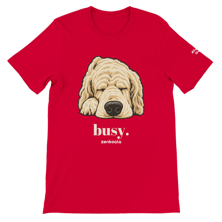 Busy feel-good tee in red: a dog fast asleep, Zen Koala Australia