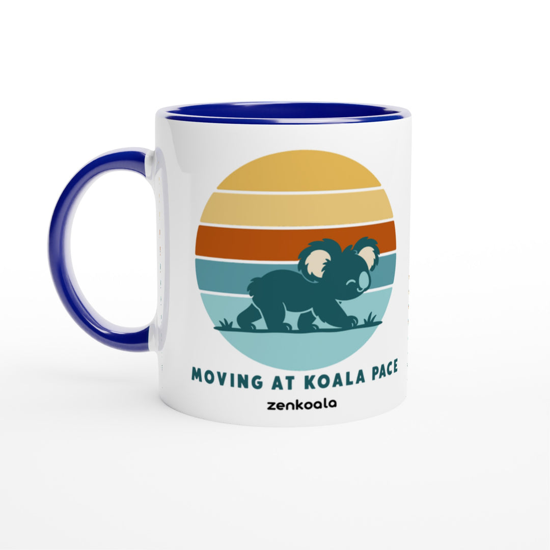 Moving at Koala Pace mug in blue: white with a blue rim, inside and handle, Zen Koala Australia