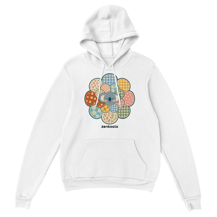 Zen Mandala Flower feel-good hoodie in white, Zen Koala Australia