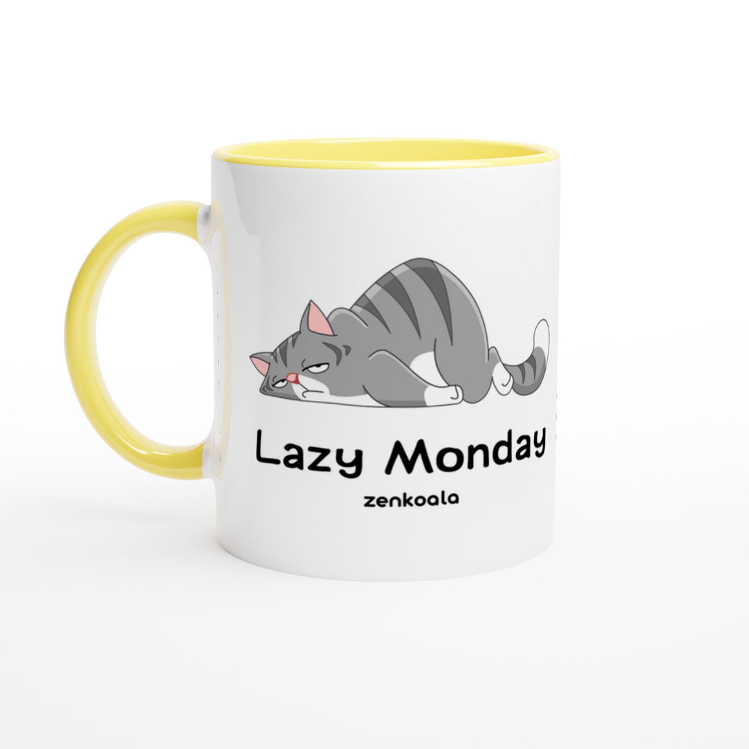 Lazy Monday mug in yellow: white with a yellow rim, inside and handle, Zen Koala Australia