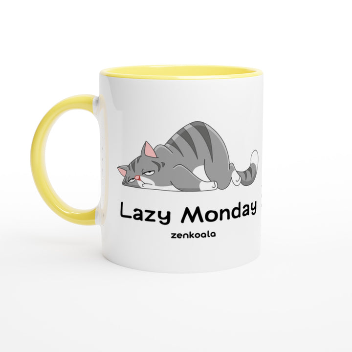 Lazy Monday mug in yellow: white with a yellow rim, inside and handle, Zen Koala Australia